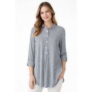 J. Jill Black White Striped Tunic Button Front Blouse Long Sleeve Size L